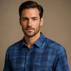 Tommy Bahama Blue Watercolor Plaid 100% Silk Short Sleeve Shirt – Size Large